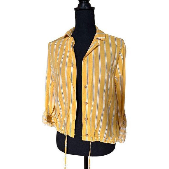 Passport Yellow, Tan & White Striped Button Down Crop Top with Front Tie at Wais - Picture 1 of 9
